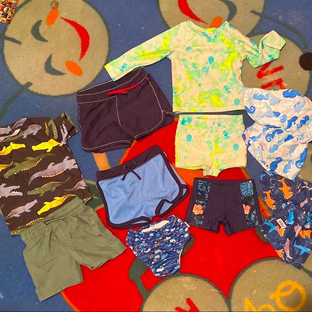 Bundle of swim shorts, rash-guards , hats & swim diaper